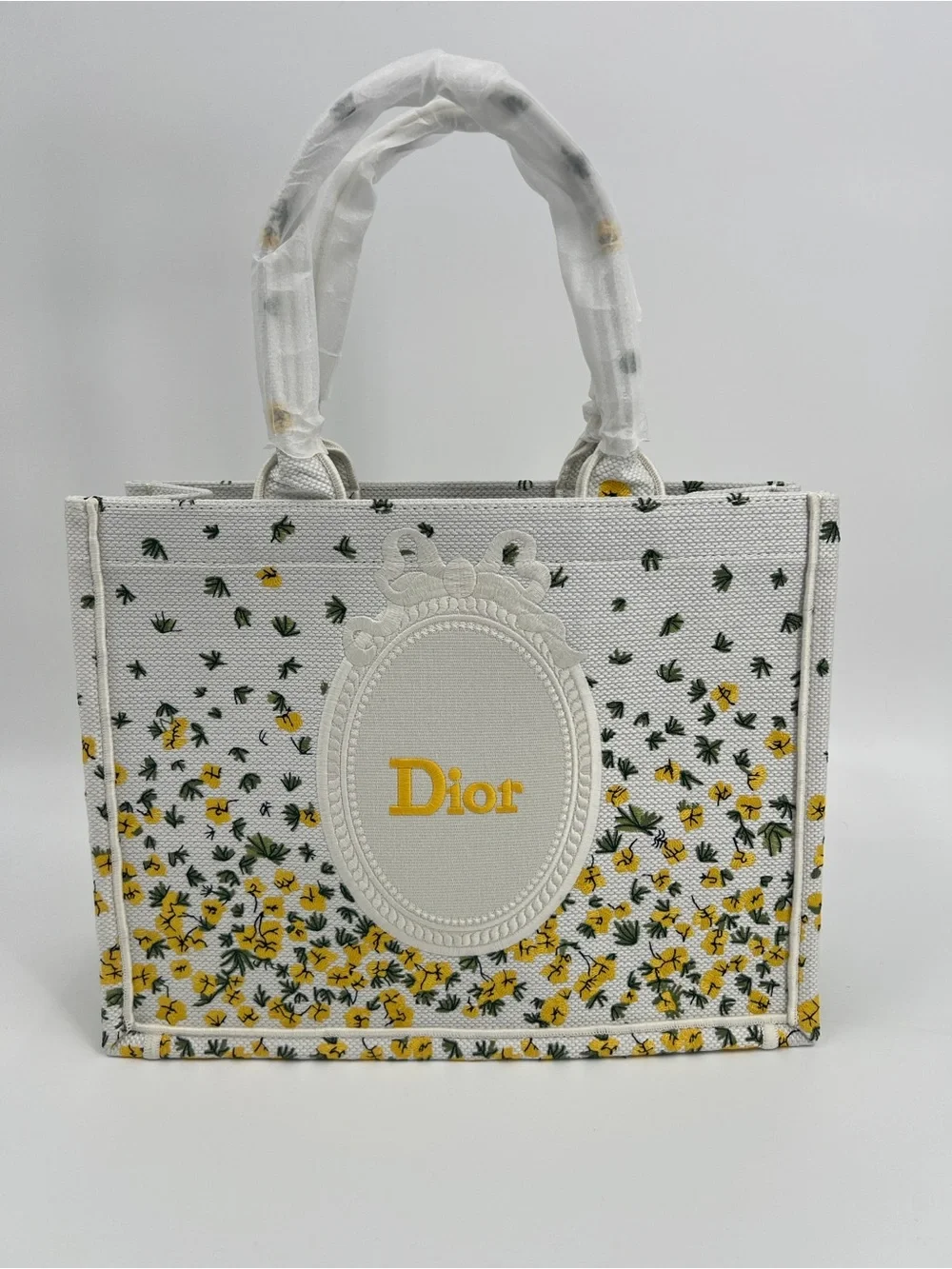 Medium Canvas White Floral Embroidered Book Tote with Yellow Accents